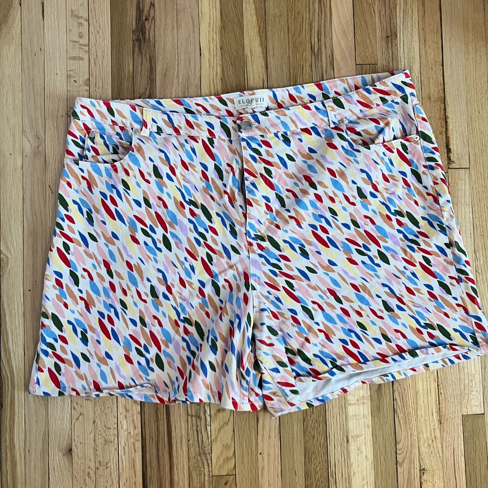 Eloquii Multi-Colored Patterned Denim Shorts - image 1